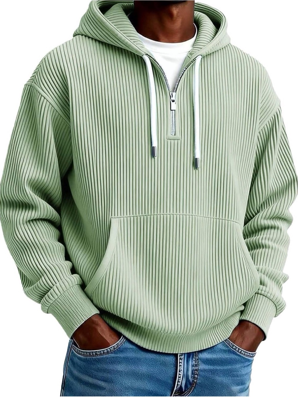 Men's Ribbed Hoodie Sweatshirt Ribbed 1/4 Zip Light Green Size-L NIB - Picture 2 of 9